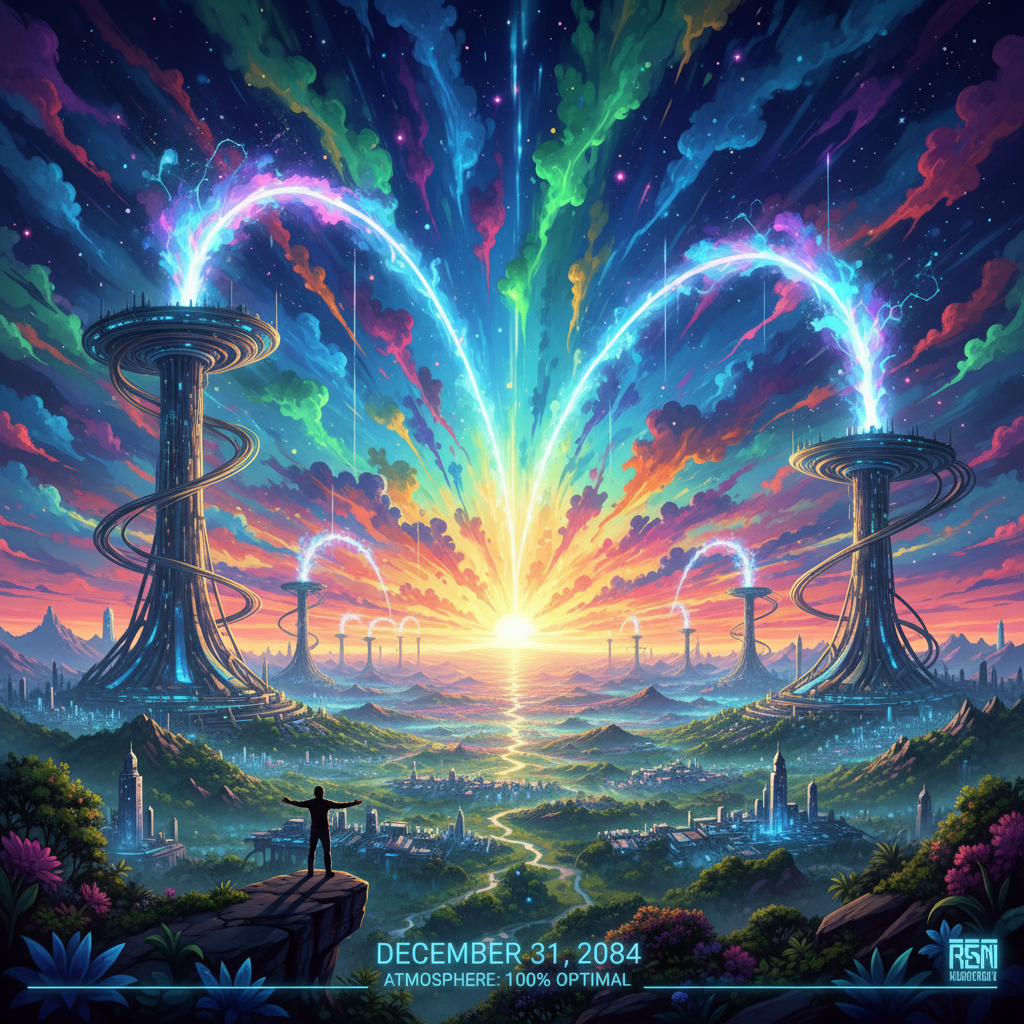 Visual interpretation of: The last sunrise of 2084 painted the sky in colors no human eye had ever seen before, as the atmosph