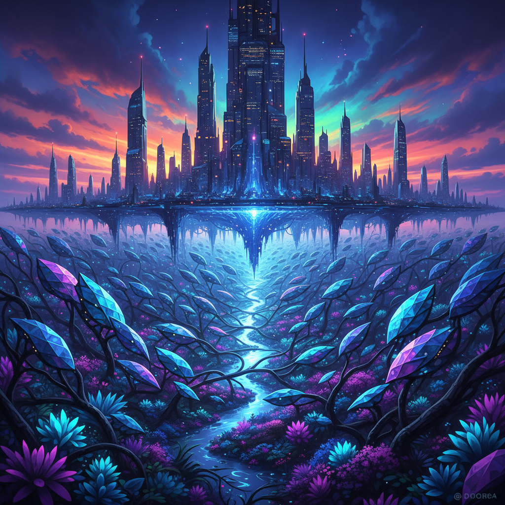 Visual interpretation of: In the glow of that impossible dawn, the dormant nanoforest beneath the megacity awoke, its silicon 