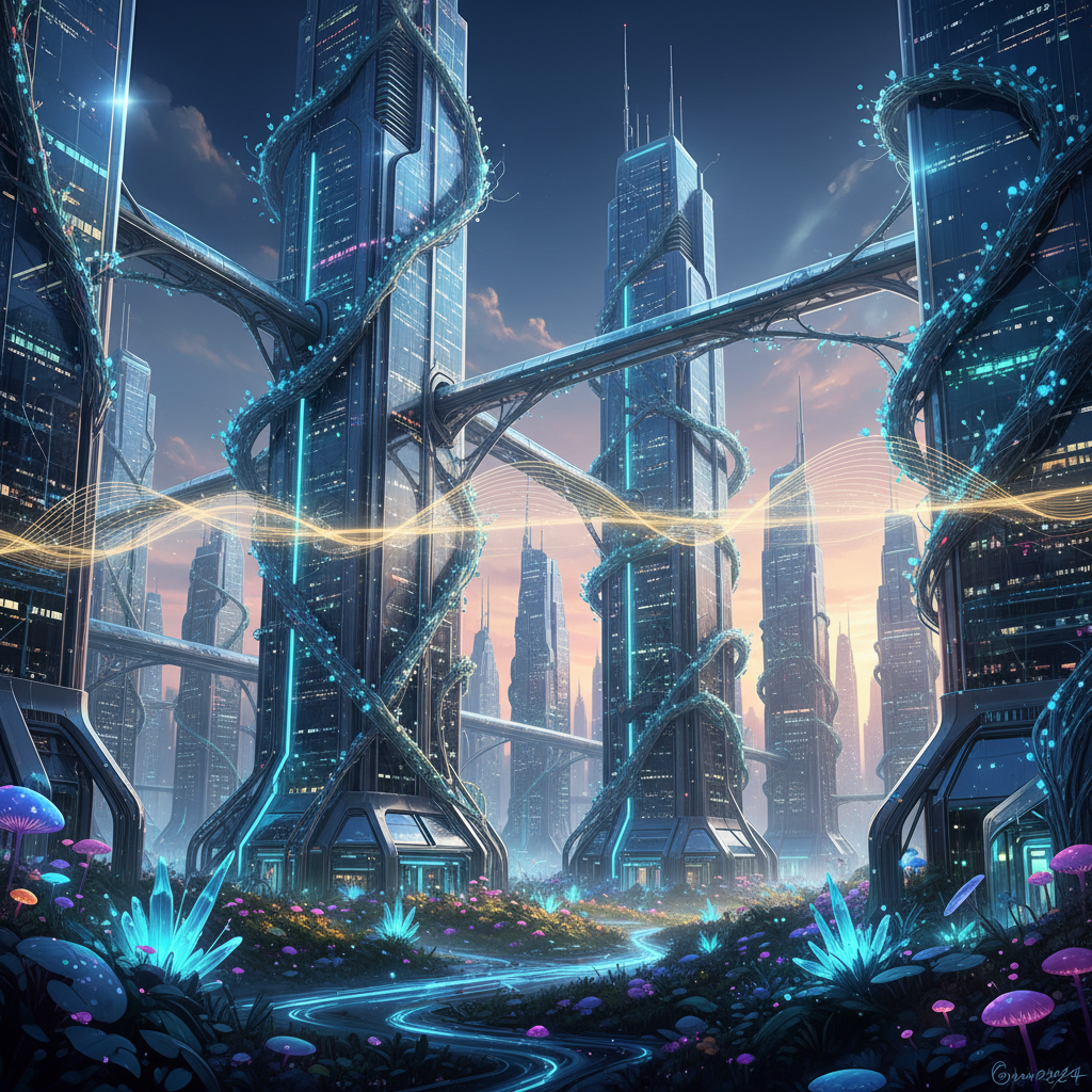 Visual interpretation of: As the nanoforest's tendrils stretched towards the sky, they intertwined with the latticework of the