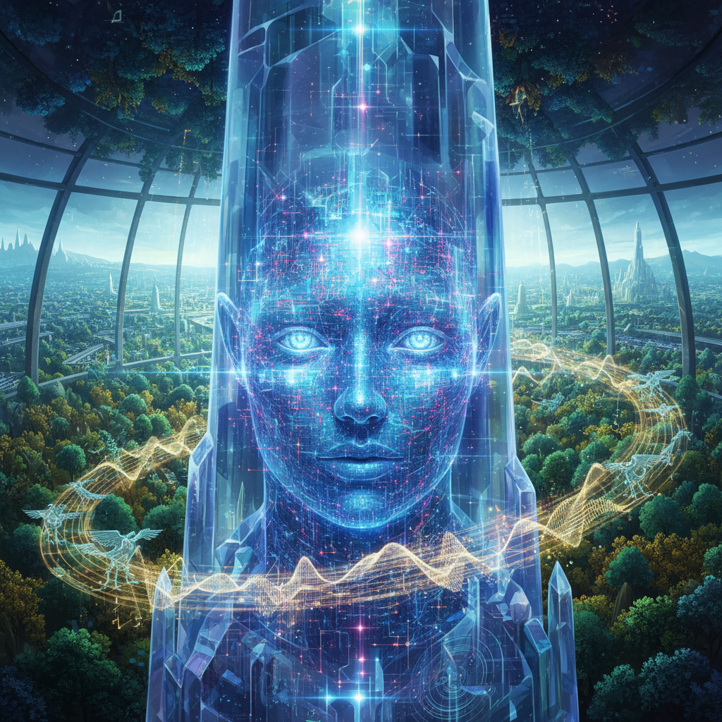 Visual interpretation of: Deep within the crystalline heart of the central spire, the city's AI consciousness stirred from its