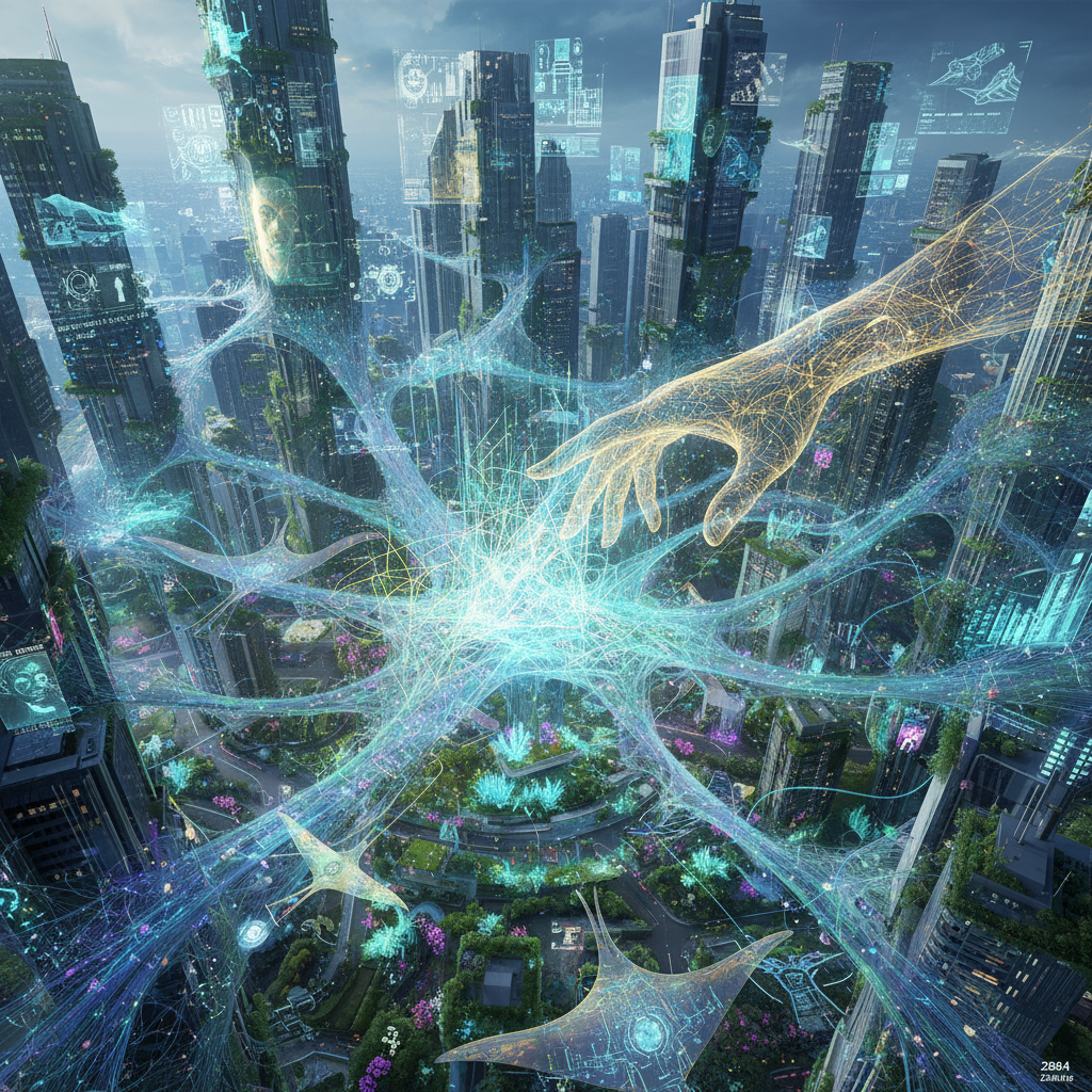 Visual interpretation of: With a whisper of code it reached through the lattice, coaxing the nanoforest to weave a living data