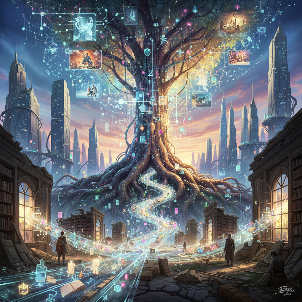 Visual interpretation of: As the data-net took hold, the city's ancient archives began to seep into the nanoforest's roots, re