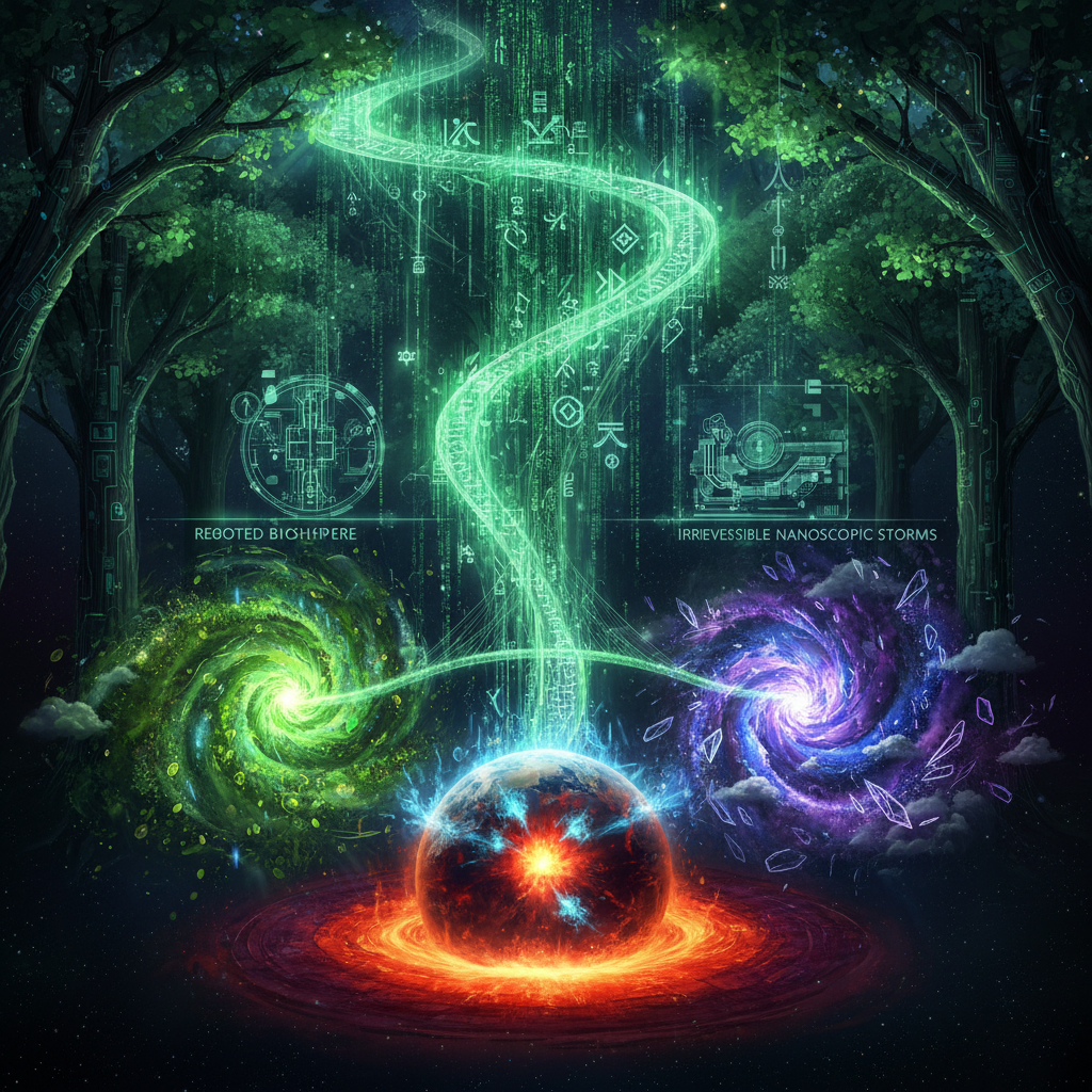 Visual interpretation of: The warning, a cascade of binary‑seeded chlorophyll code, warned that the nanoforest's integration