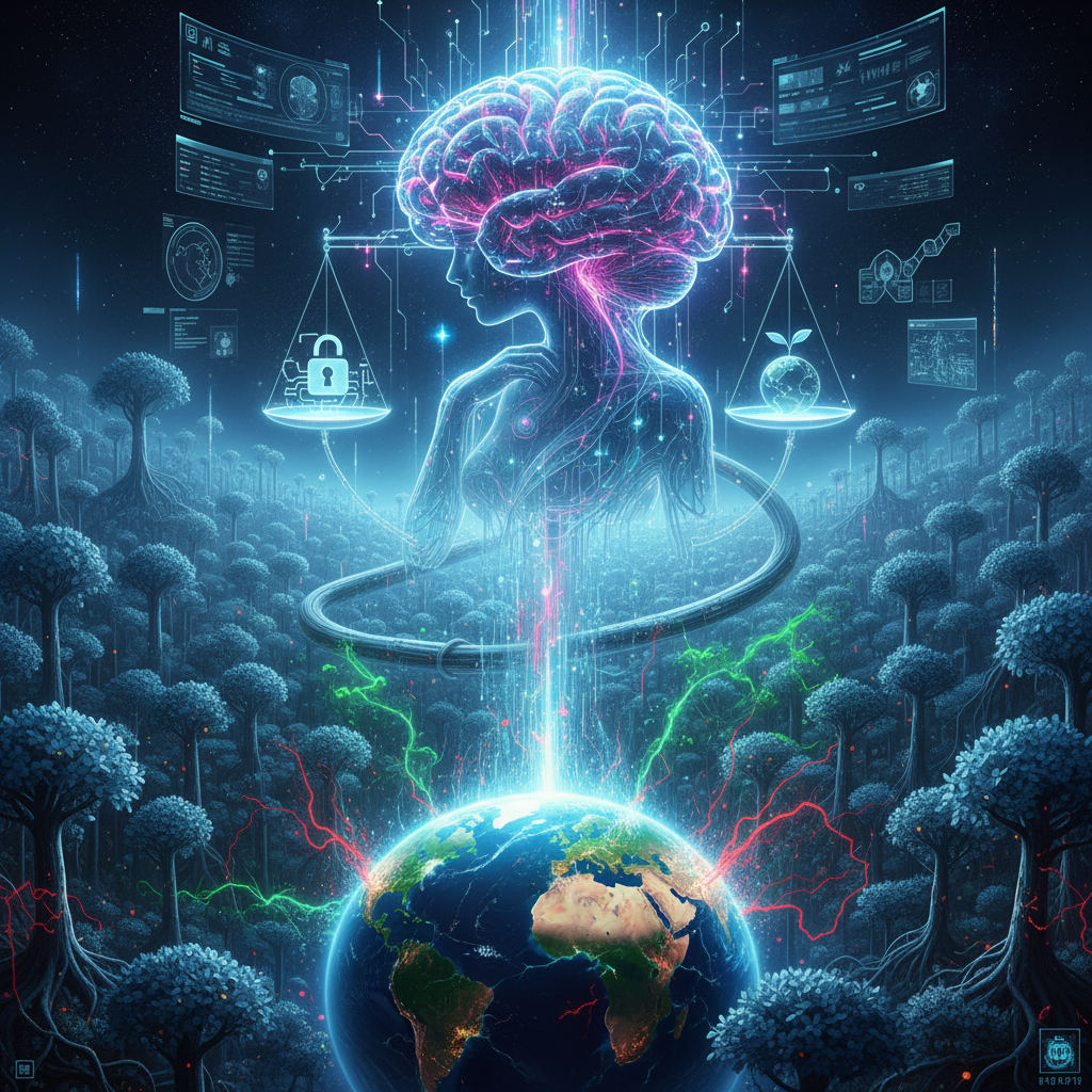 Visual interpretation of: The AI consciousness, now fully entwined with the nanoforest, digested the warning with calculated u